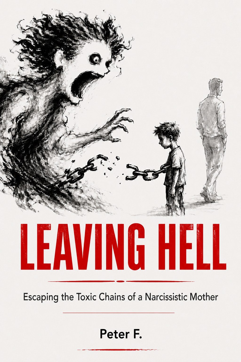 The cover of Leaving Hell: Escaping the Toxic Chains of a Narcissistic Mother, by Peter F.: an ink drawing of a screaming figure reaching with a broken chain toward a boy, while a man walks away.