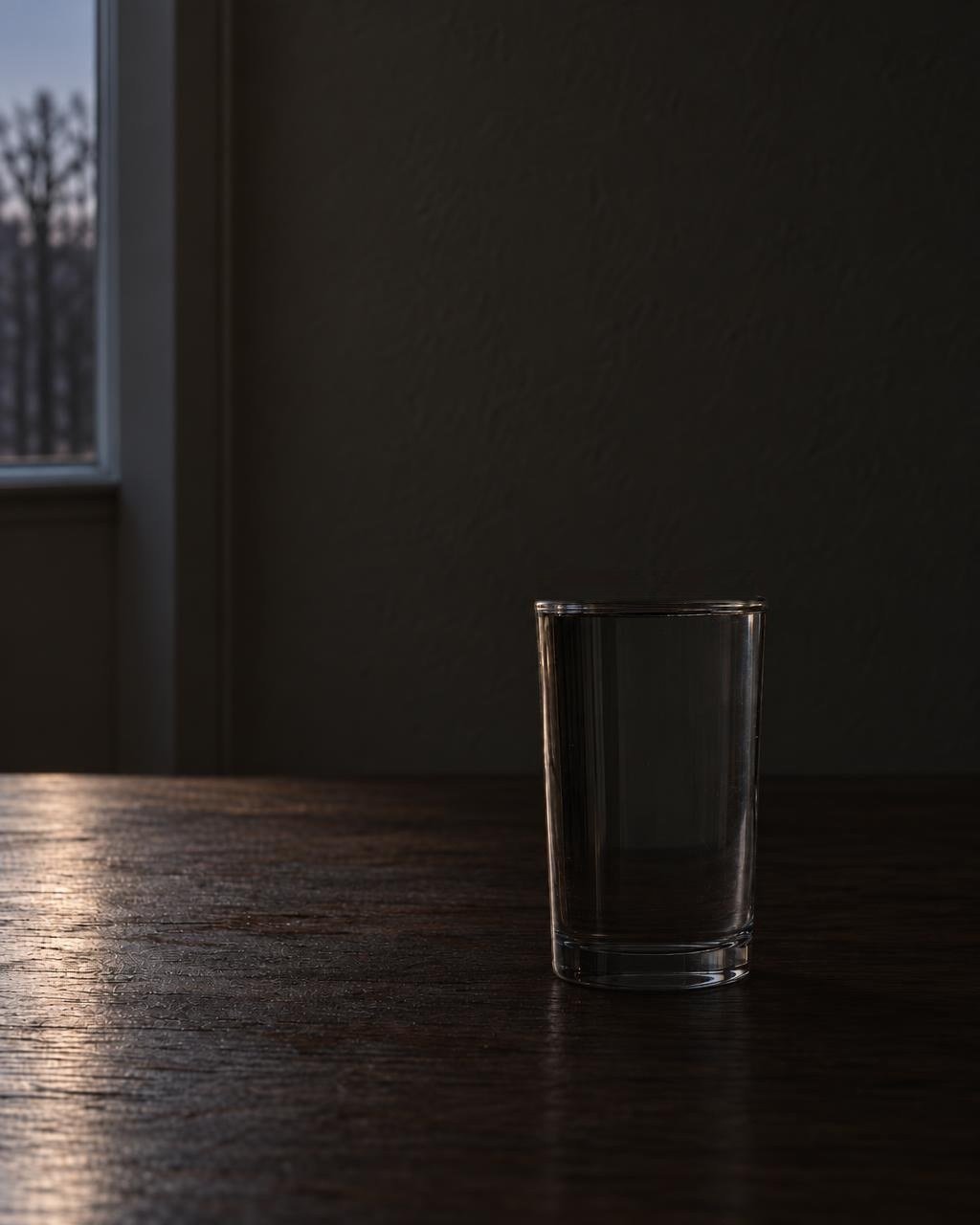 Illustration: a glass filled almost to the brim on a dark table at dusk, the last light on the far edge of the wood.
