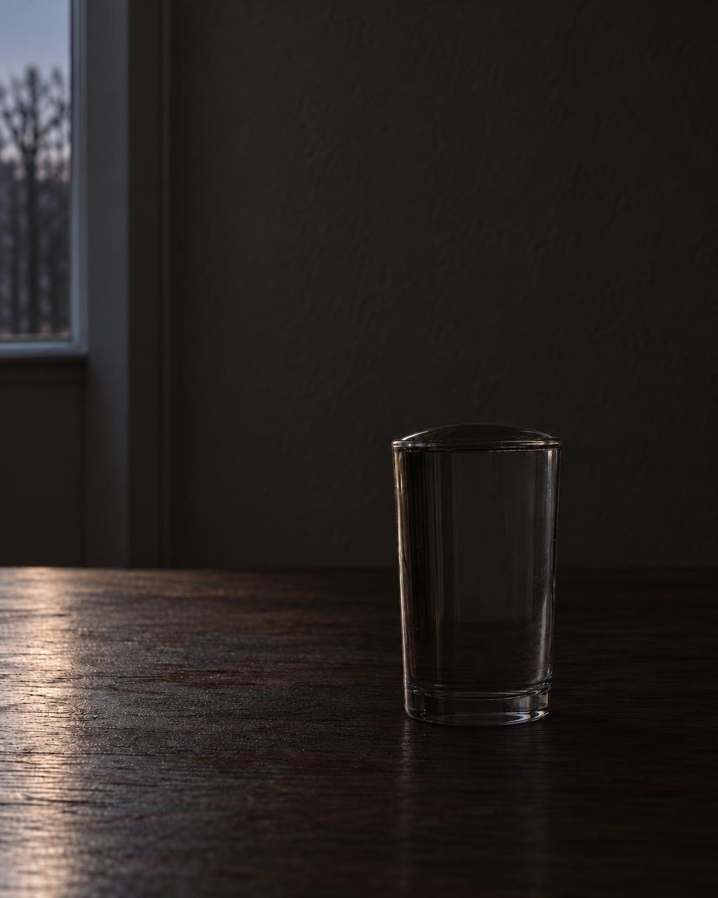 Illustration: a glass filled to the brim on a dark table at dusk, the last light on the far edge of the wood.