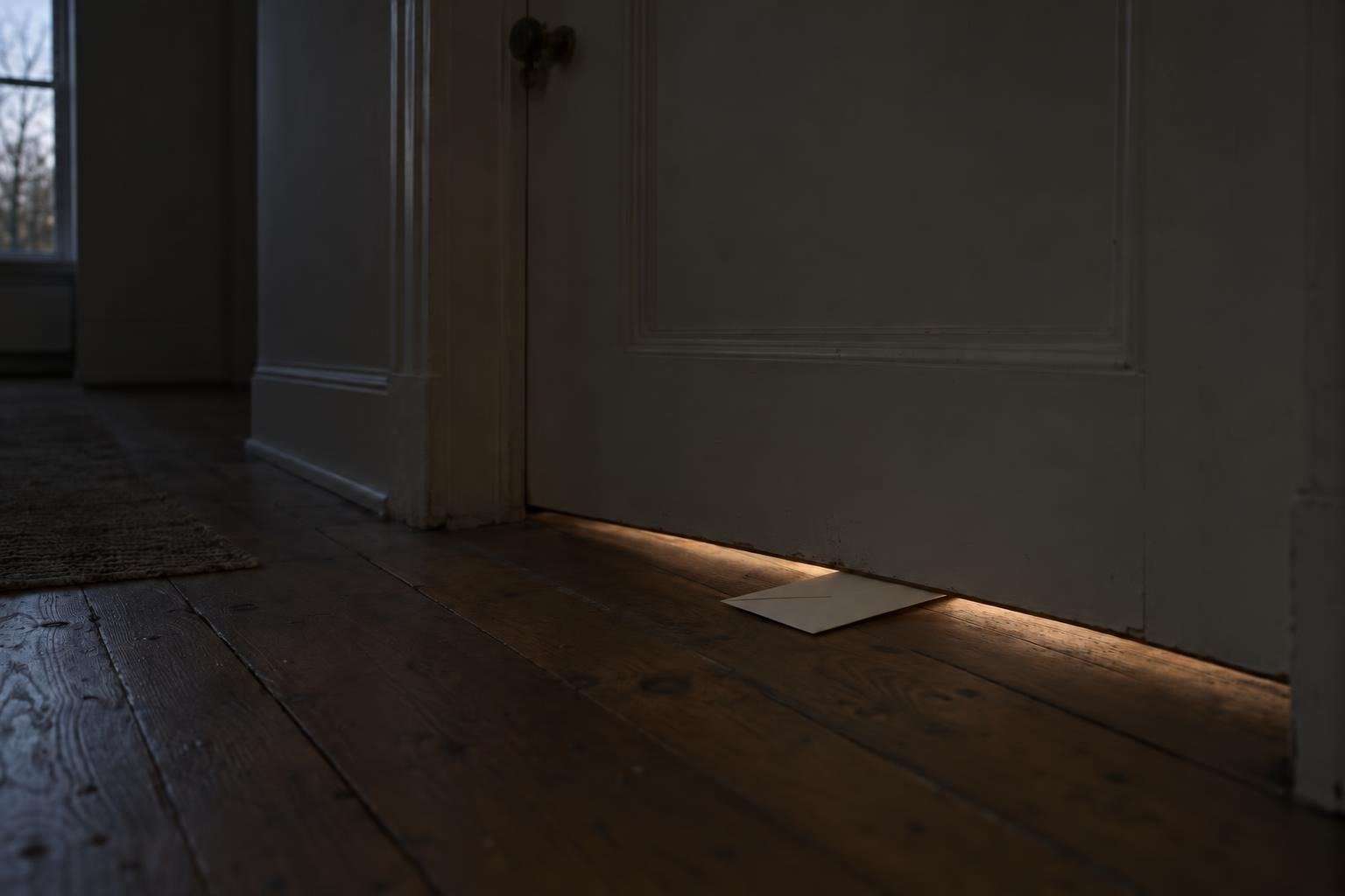 Illustration: a hallway at dusk; a sealed envelope lies half under a closed door, lit only by the strip of light beneath it.