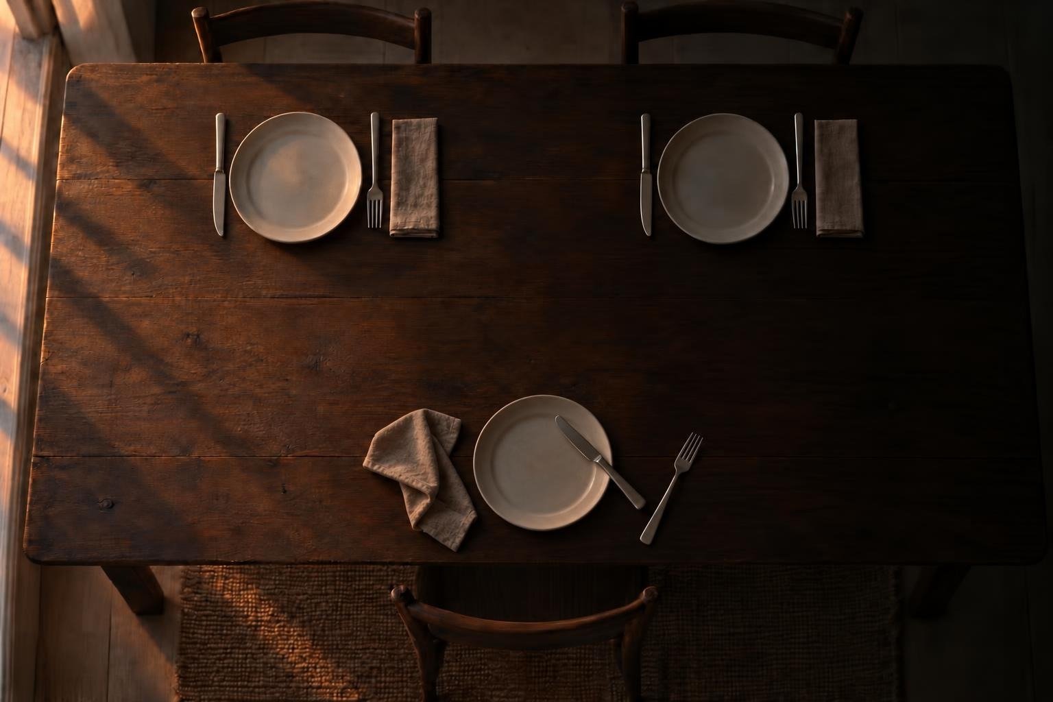 Illustration: an oak table at dusk, seen from above and set for three; two places laid with care, the third plate dropped a hand’s width from its cutlery.