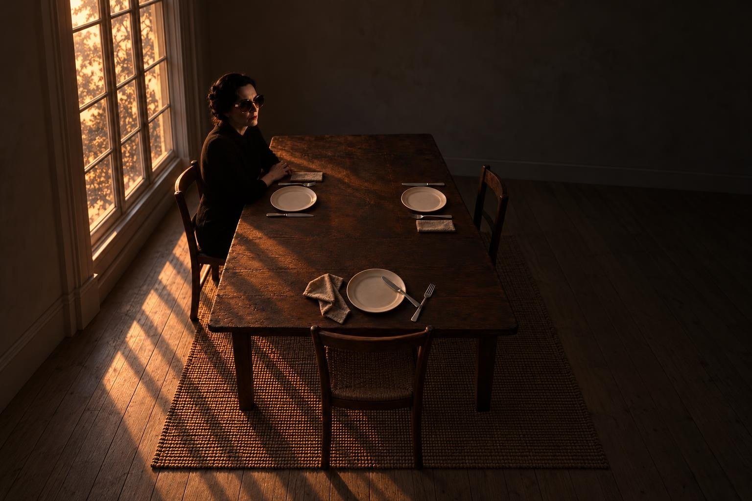 Illustration: a long oak table at dusk, set for three. Two places laid with care on the long sides; at the near end, the third plate dropped a hand’s width from its cutlery, the napkin crumpled. At one of the careful places a woman sits in dark glasses, hands folded, looking down the table.