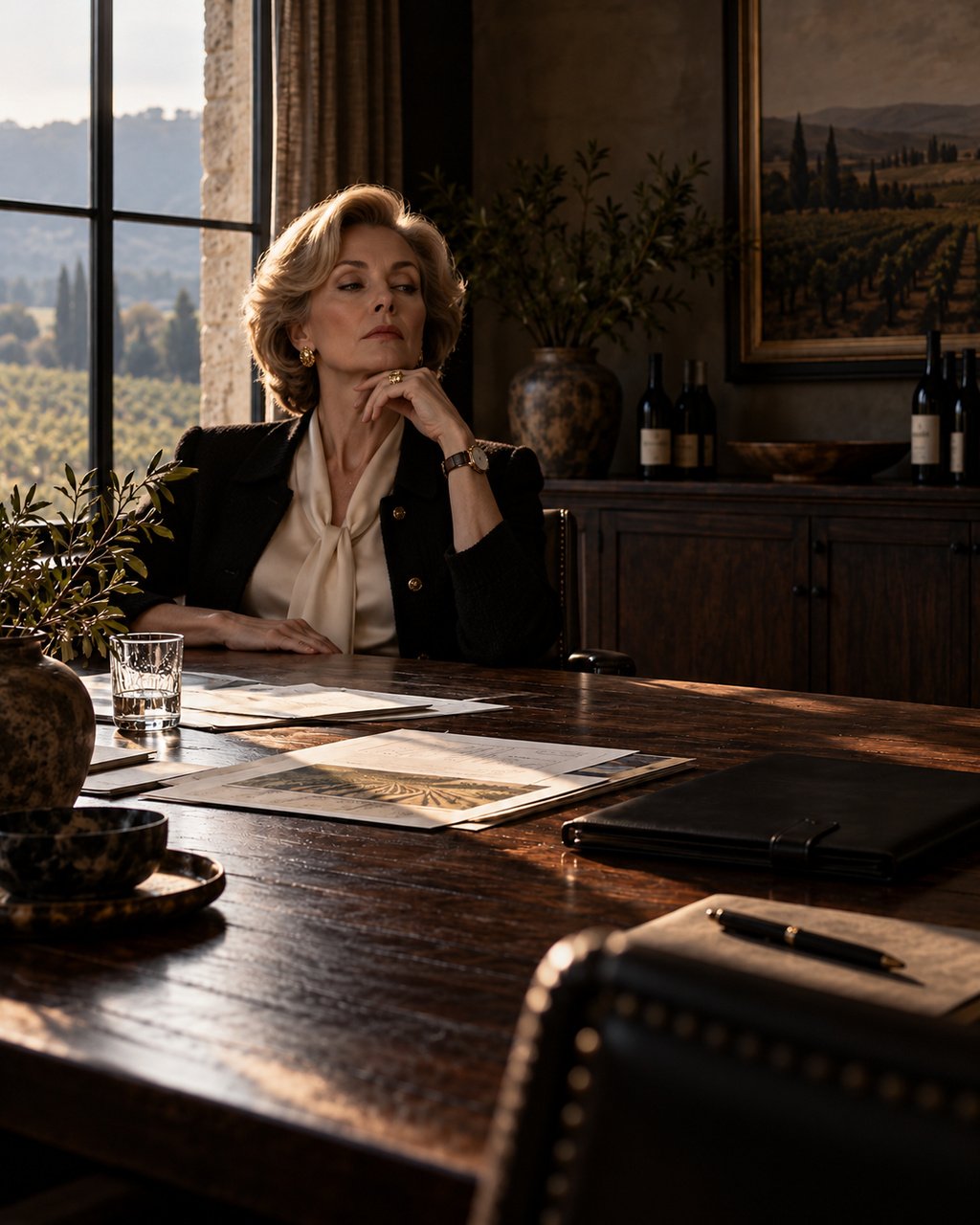 Illustration: a woman in a dark jacket sits at the head of a long dark wooden table in a winery office in late afternoon light, chin resting on her hand, papers and a leather folder before her, vineyards through the window behind her.